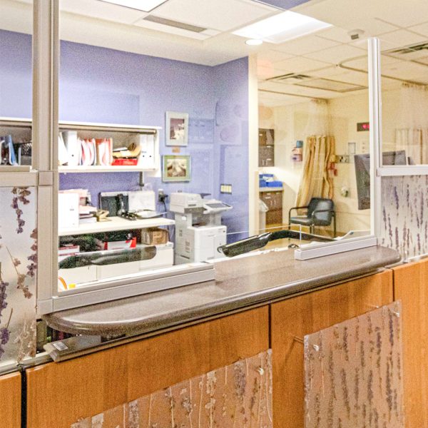Reception desk sneeze guard window